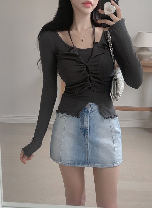 Bbibbi - Korean Women Fashion - #momslook - Halter Shirring Long Sleeve Tee - 3