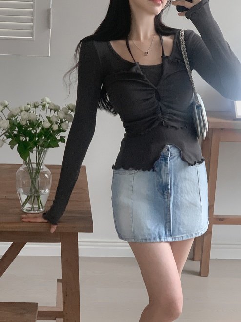 Bbibbi - Korean Women Fashion - #momslook - Halter Shirring Long Sleeve Tee - 5