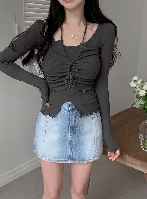 Bbibbi - Korean Women Fashion - #momslook - Halter Shirring Long Sleeve Tee - 4