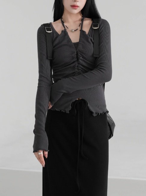 Bbibbi - Korean Women Fashion - #womensfashion - Halter Shirring Long Sleeve Tee - 6