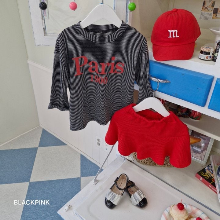 Black Pink - Korean Children Fashion - #kidsshorts - Stripe Paris Tee - 6
