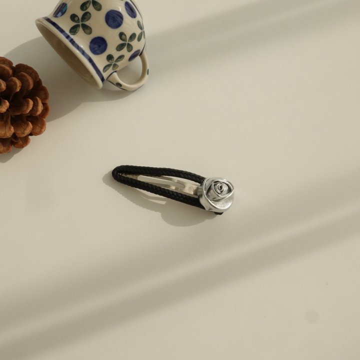 Eeiitt - Korean Women Fashion - #womensfashion - Black Braid Silver Rose Hairpin - 3