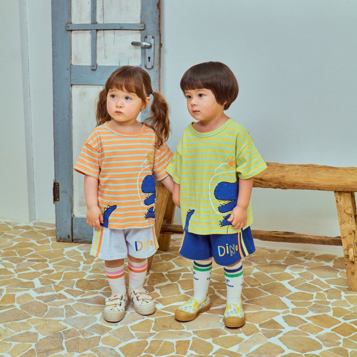 Firstblue - Korean Children Fashion - #Kfashion4kids - Dino Stripe Short Sleeve Tee - 3