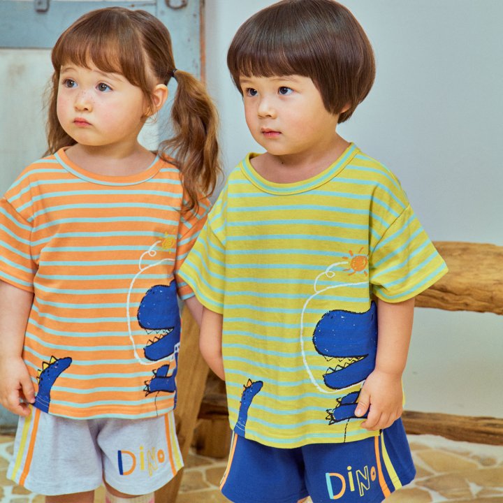 Firstblue - Korean Children Fashion - #childrensboutique - Dino Stripe Short Sleeve Tee - 10