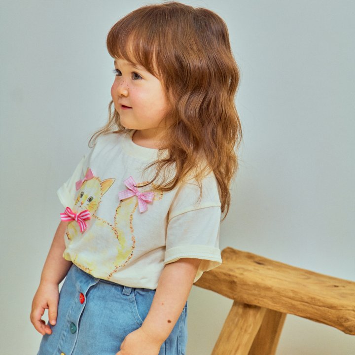 Firstblue - Korean Children Fashion - #kidsshorts - Ribbon Cat Short Sleeve Tee - 3
