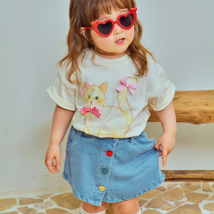Firstblue - Korean Children Fashion - #kidsshorts - Ribbon Cat Short Sleeve Tee - 4