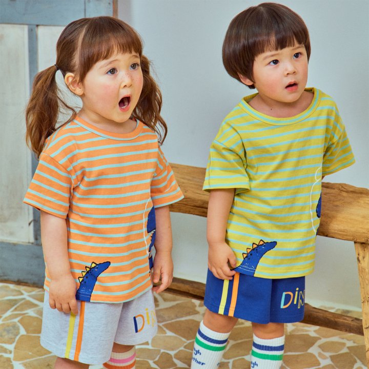 Firstblue - Korean Children Fashion - #kidzfashiontrend - Dino Stripe Short Sleeve Tee - 2