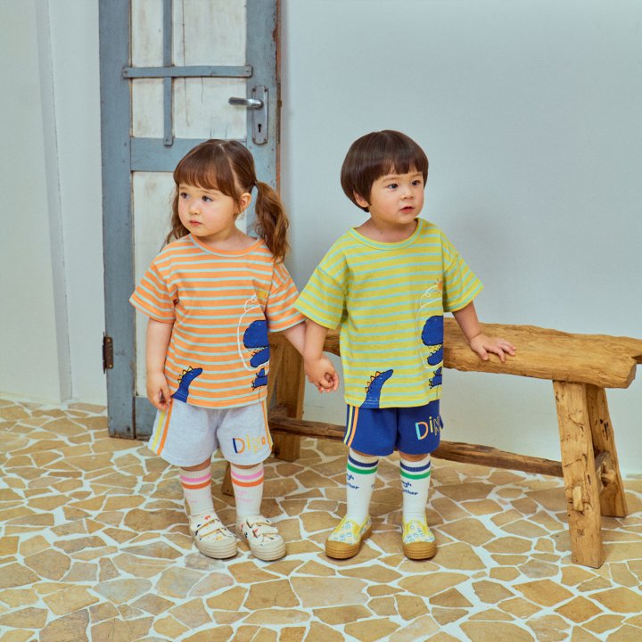Firstblue - Korean Children Fashion - #Kfashion4kids - Dino Stripe Short Sleeve Tee - 4