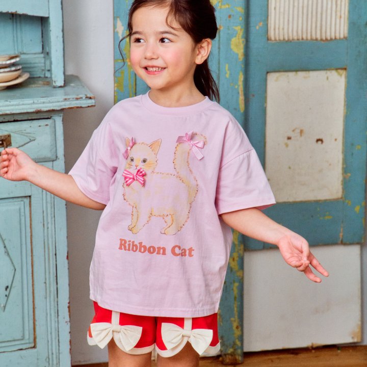 Firstblue - Korean Children Fashion - #littlefashionista - Ribbon Cat Short Sleeve Tee - 7
