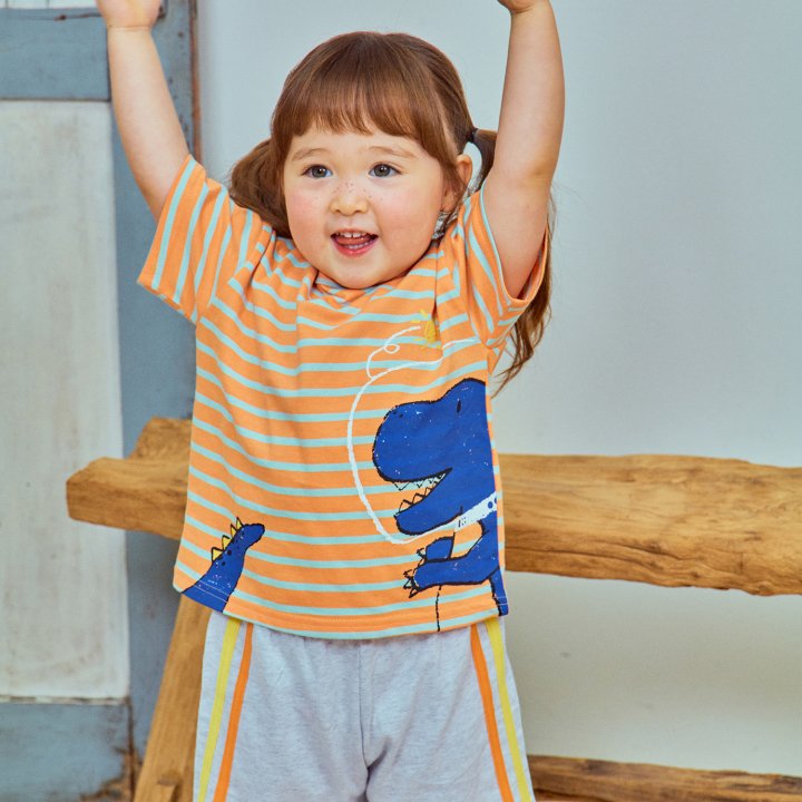 Firstblue - Korean Children Fashion - #magicofchildhood - Dino Stripe Short Sleeve Tee - 5