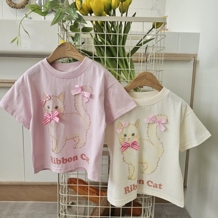 Firstblue - Korean Children Fashion - #minifashionista - Ribbon Cat Short Sleeve Tee - 9
