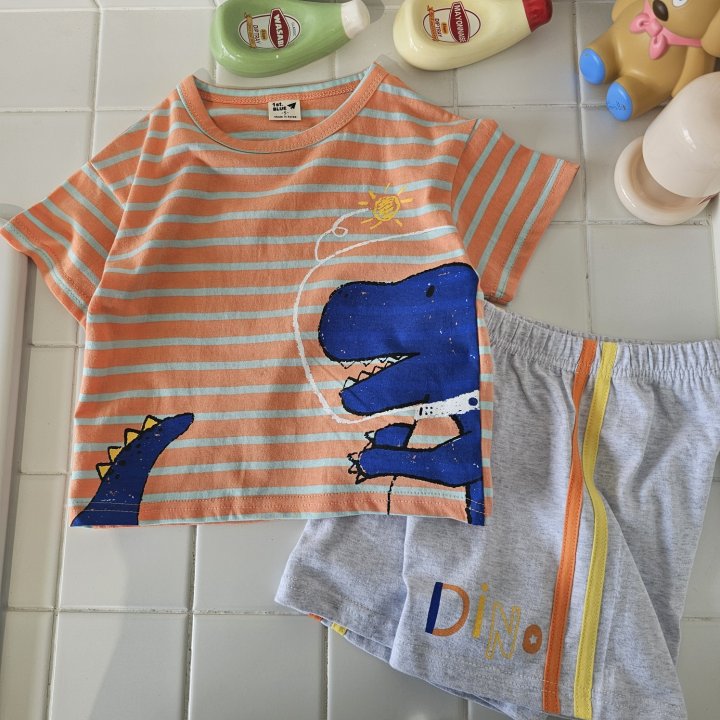 Firstblue - Korean Children Fashion - #prettylittlegirls - Dino Stripe Short Sleeve Tee - 7