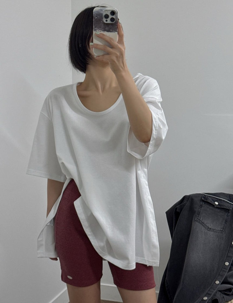 Heil - Korean Women Fashion - #restrostyle - Slit U-neck Tee - 3