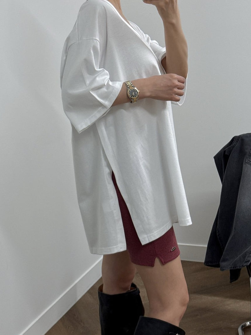 Heil - Korean Women Fashion - #shopsmall - Slit U-neck Tee - 5