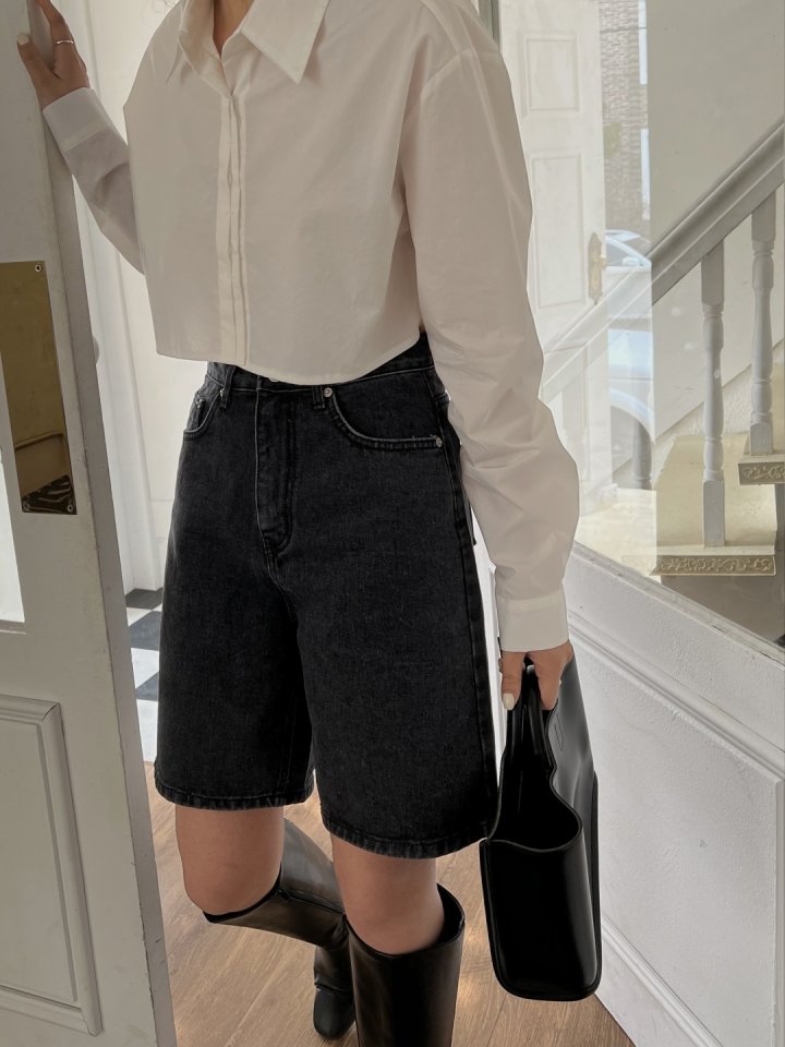 I'm here - Korean Women Fashion - #momslook - Black Denim Shorts - 8