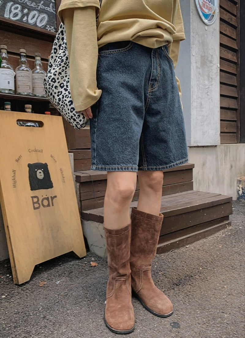 I'm here - Korean Women Fashion - #momslook - Blue Black Denim Shorts - 7