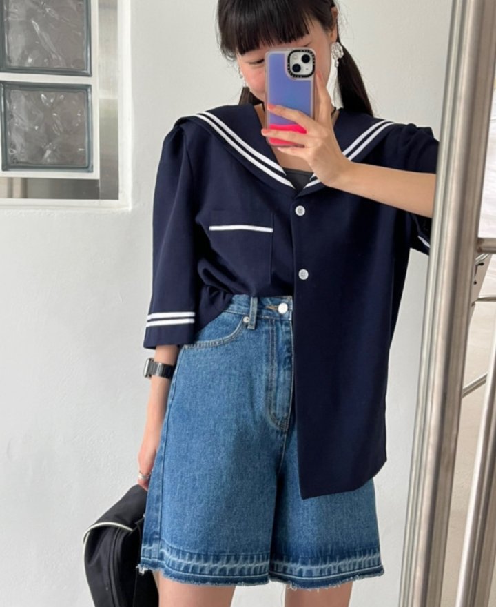I'm here - Korean Women Fashion - #momslook - Hem Denim Shorts - 8