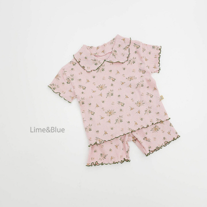 Lime & Blue - Korean Baby Fashion - #babyfashion - Crople Floral Short Sleeve Top Bottom Set - 2