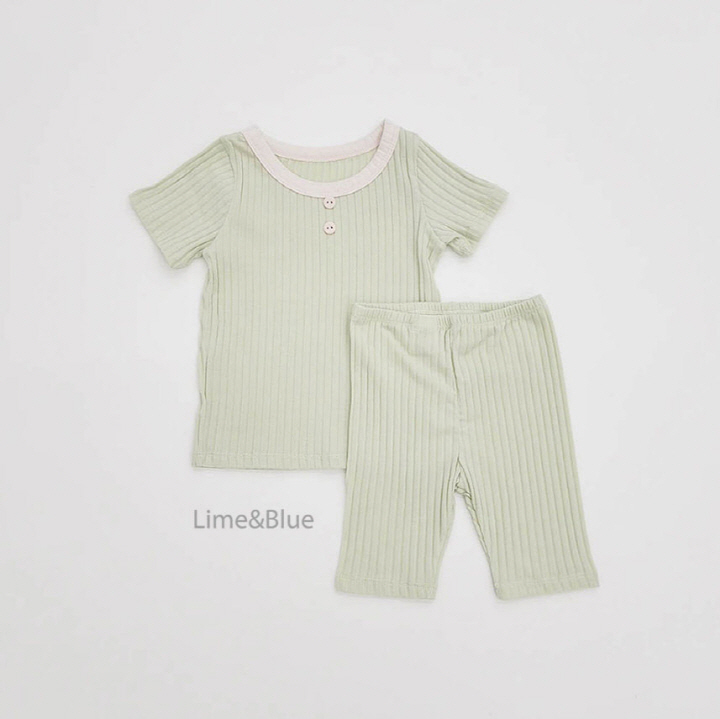 Lime & Blue - Korean Baby Fashion - #babyfever - Modal Button Rib Top Bottom Set - 2