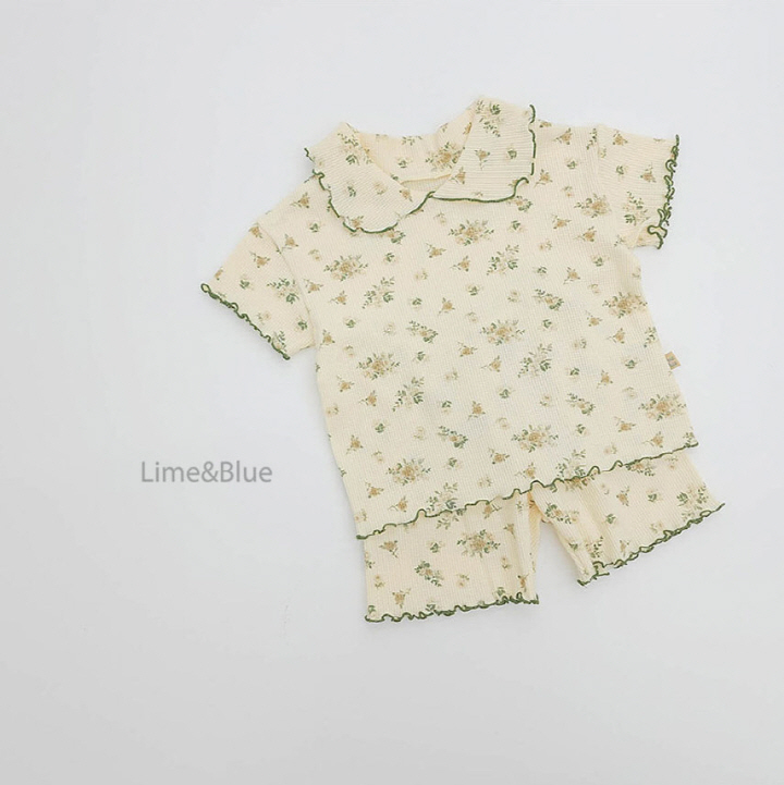 Lime & Blue - Korean Baby Fashion - #babyoutfit - Crople Floral Short Sleeve Top Bottom Set - 9
