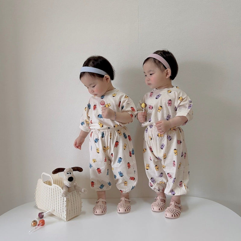 Moran - Korean Children Fashion - #kidzfashiontrend - Summer Hat Bear Top Bottom Set - 4