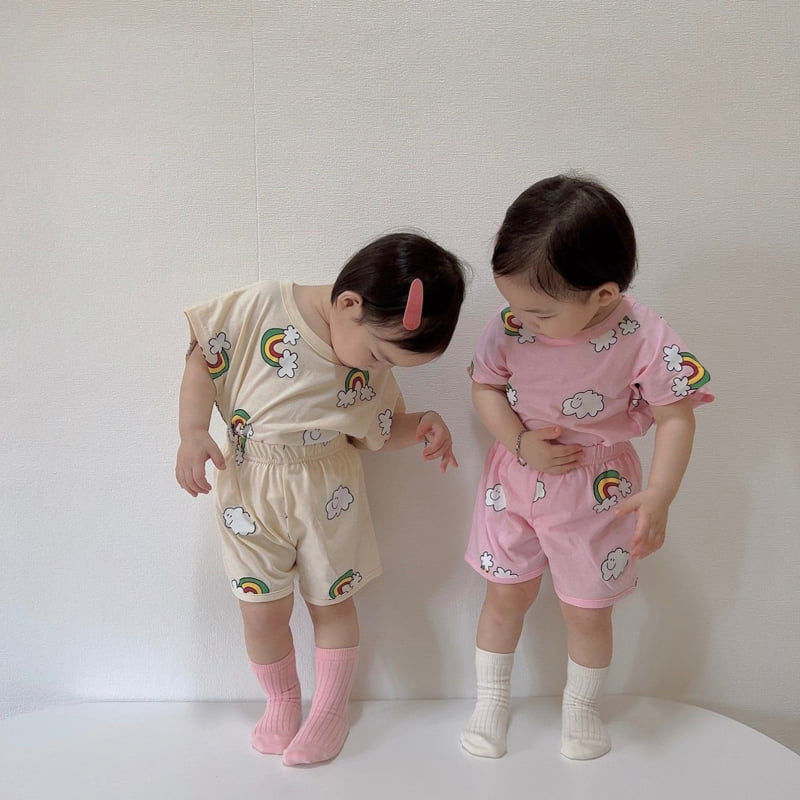 Moran - Korean Children Fashion - #kidzfashiontrend - Rainbow Cloud Top Bottom Set - 2