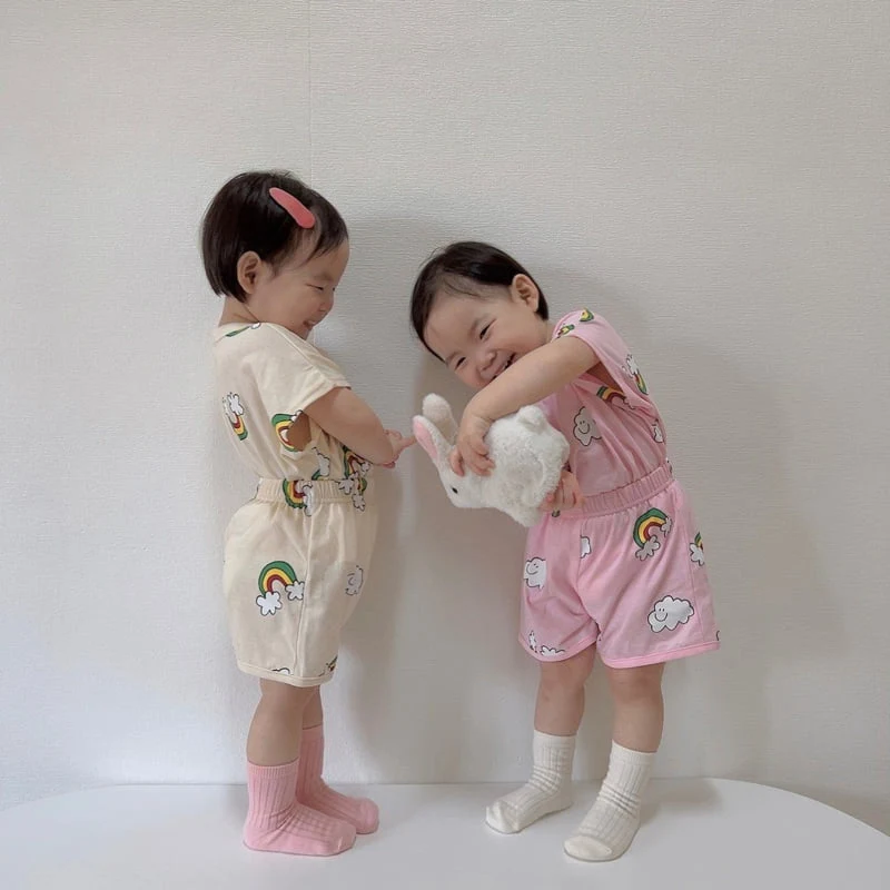 Moran - Korean Children Fashion - #toddlerclothing - Rainbow Cloud Top Bottom Set - 9