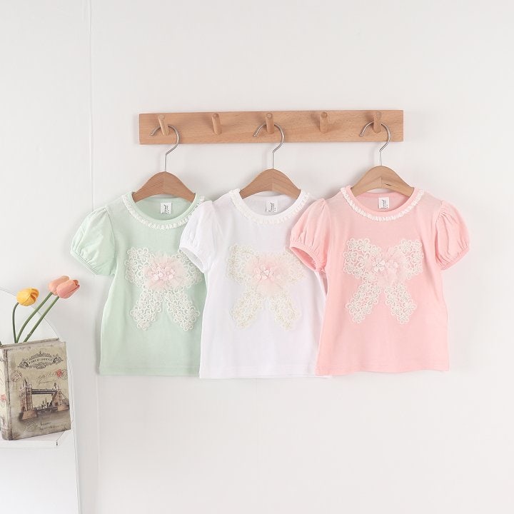 New Pierrot - Korean Baby Fashion - #onlinebabyshop - Flower Ribbon tee