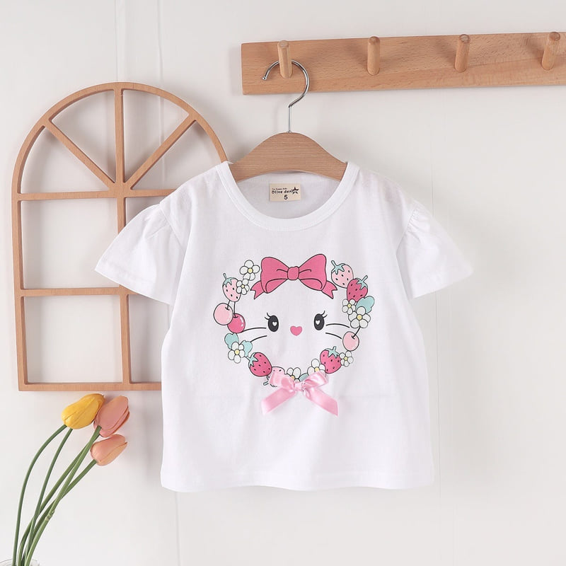 Olive denim - Korean Children Fashion - #childrensboutique - Ribbon Cat Tee - 2