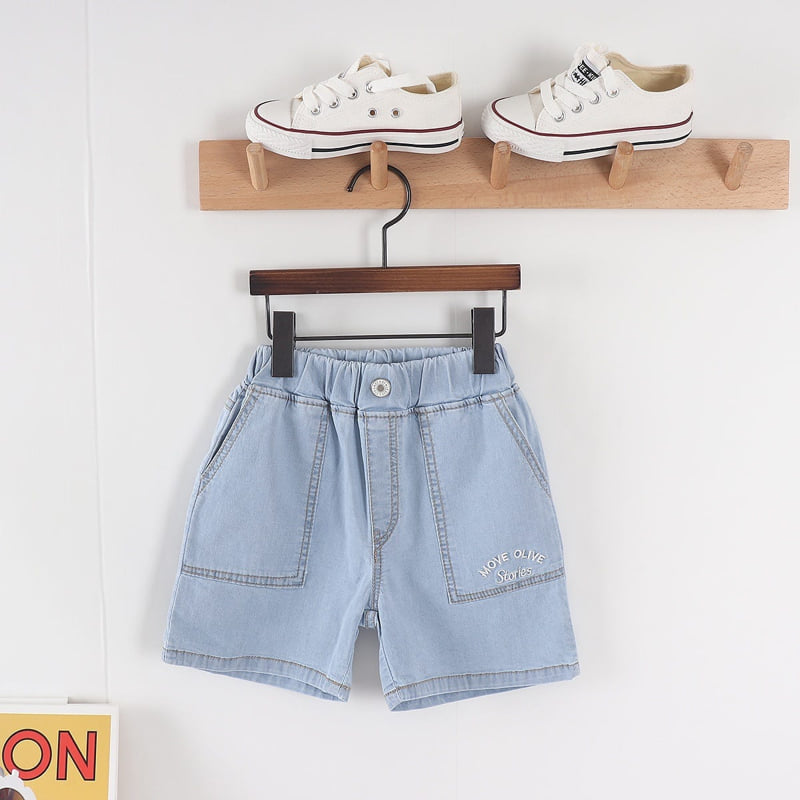 Olive denim - Korean Children Fashion - #fashionkids - Denim Front Pocket Embroidery Pants - 3