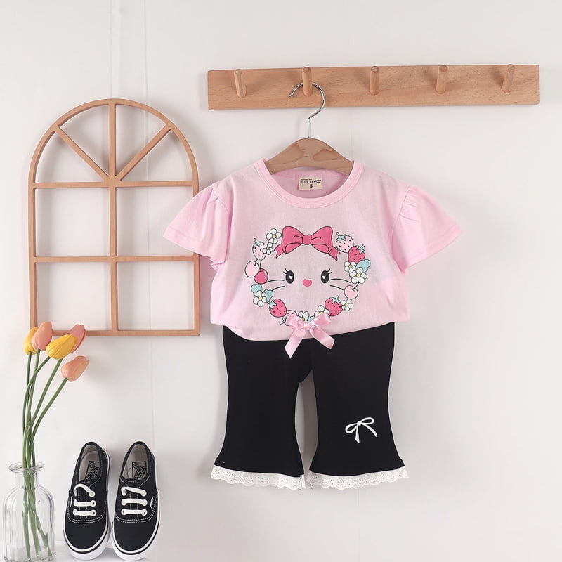 Olive denim - Korean Children Fashion - #kidsshorts - Ribbon Cat Tee - 6
