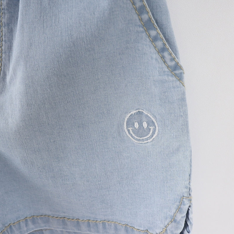 Olive denim - Korean Children Fashion - #kidsshorts - Denim Smile Embroidery Pants - 5