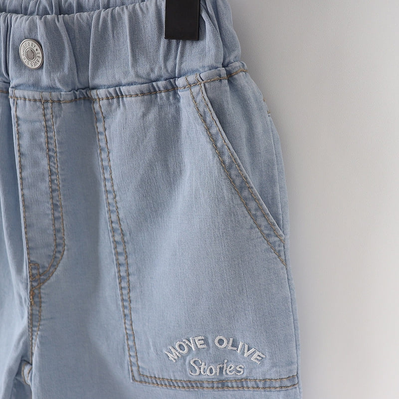 Olive denim - Korean Children Fashion - #fashionkids - Denim Front Pocket Embroidery Pants - 4