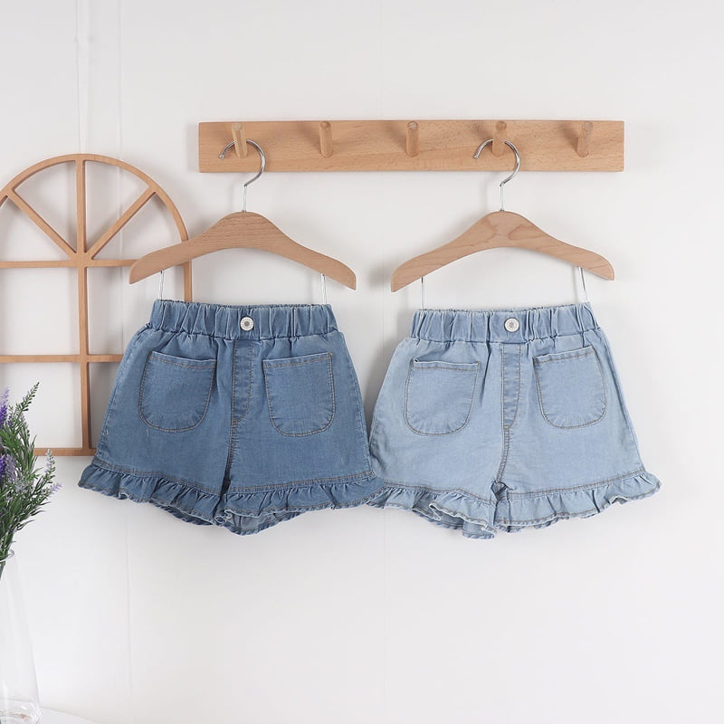 Olive denim - Korean Children Fashion - #kidsshorts - Denim Frill Shorts