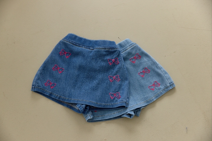 Orange Mom - Korean Children Fashion - #childofig - Ribbon Denim Span Skirt Pants - 3