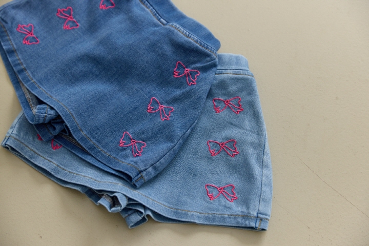 Orange Mom - Korean Children Fashion - #childofig - Ribbon Denim Span Skirt Pants - 4