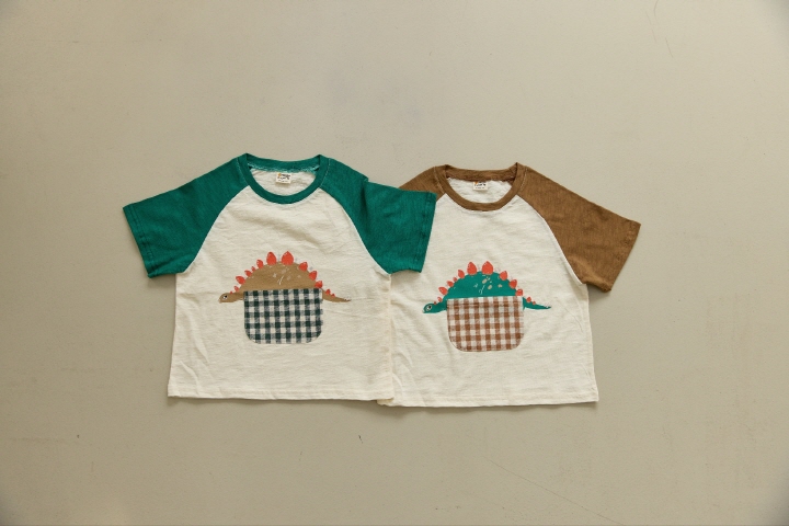Orange Mom - Korean Children Fashion - #discoveringself - Check Pocket Dino Tee