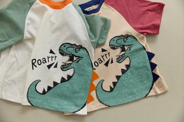 Orange Mom - Korean Children Fashion - #designkidswear - Horn Dino Raglan Tee - 4