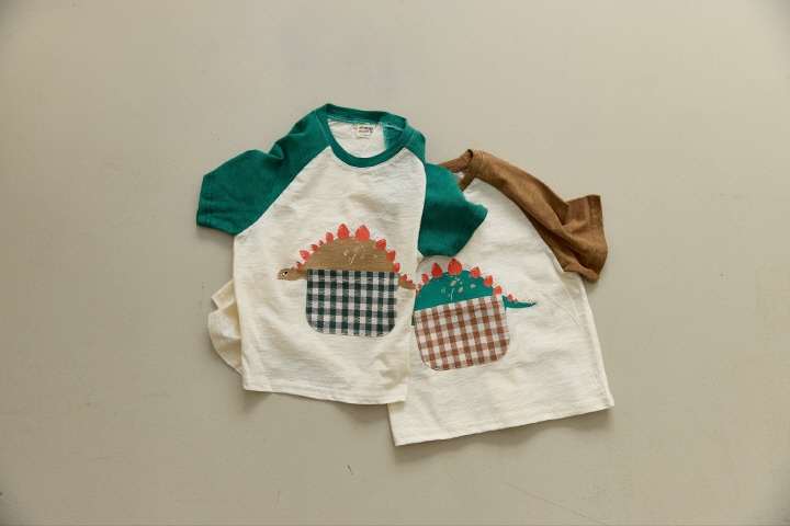 Orange Mom - Korean Children Fashion - #kidsshorts - Check Pocket Dino Tee - 3