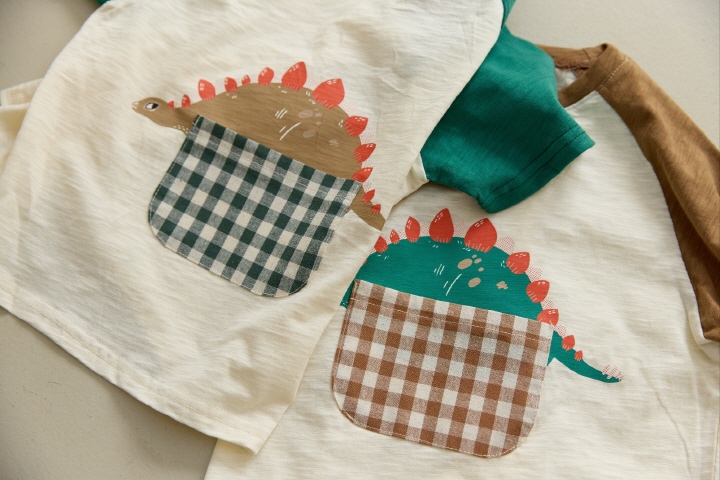 Orange Mom - Korean Children Fashion - #kidsshorts - Check Pocket Dino Tee - 4