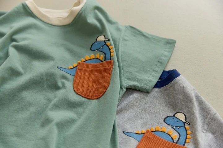 Orange Mom - Korean Children Fashion - #magicofchildhood - Bubble Dino Pocket Tee - 4
