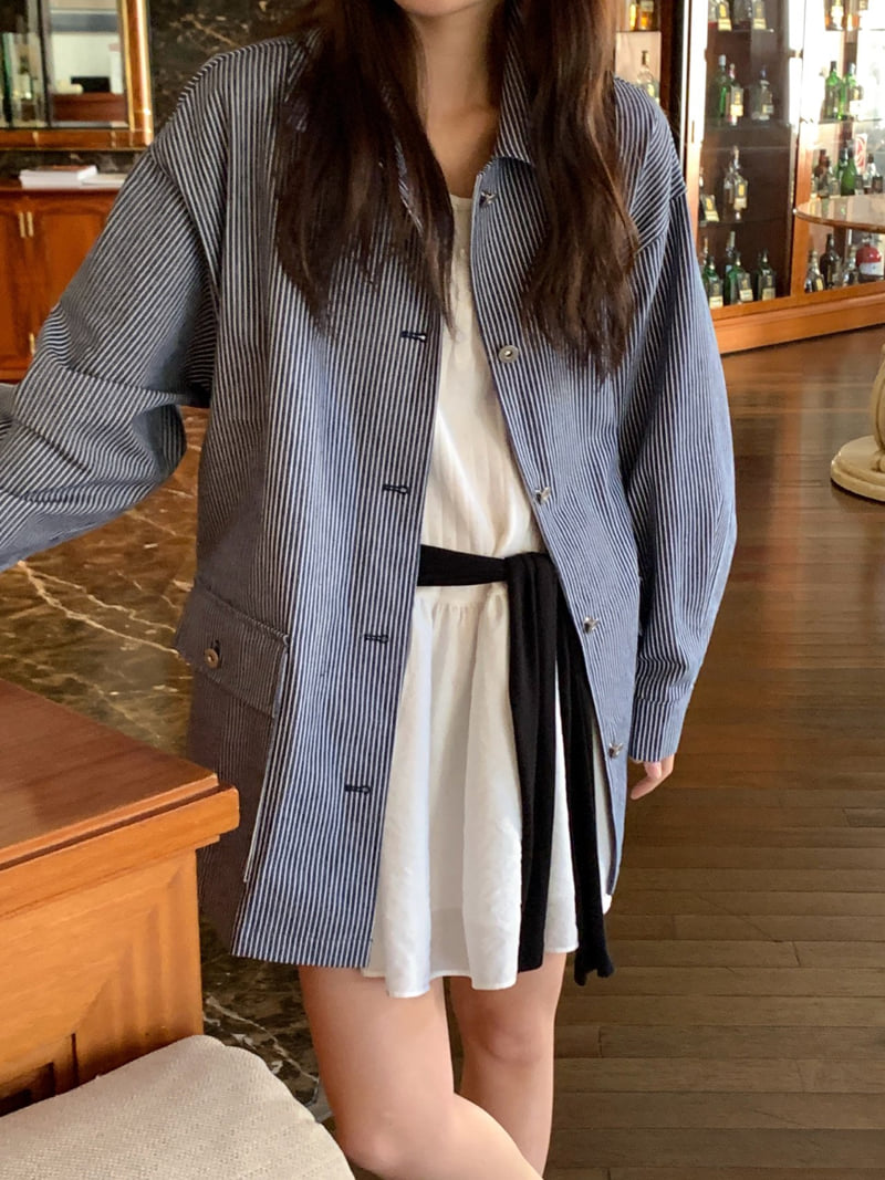 Osense - Korean Women Fashion - #restrostyle - Together Stripe Denim Work Jacket - 6