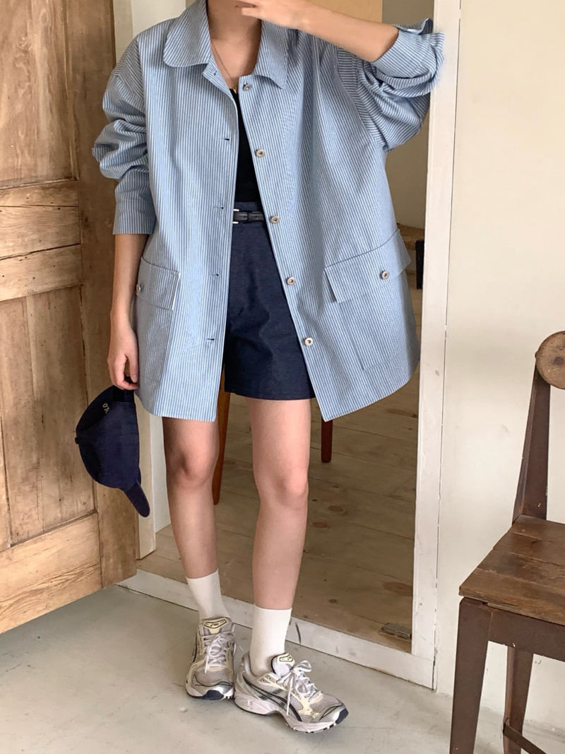 Osense - Korean Women Fashion - #shopsmall - Together Stripe Denim Work Jacket - 8