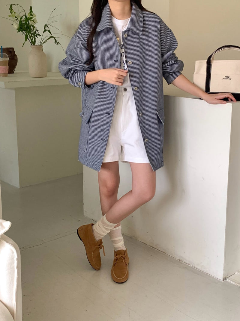 Osense - Korean Women Fashion - #vintageinspired - Together Stripe Denim Work Jacket - 4