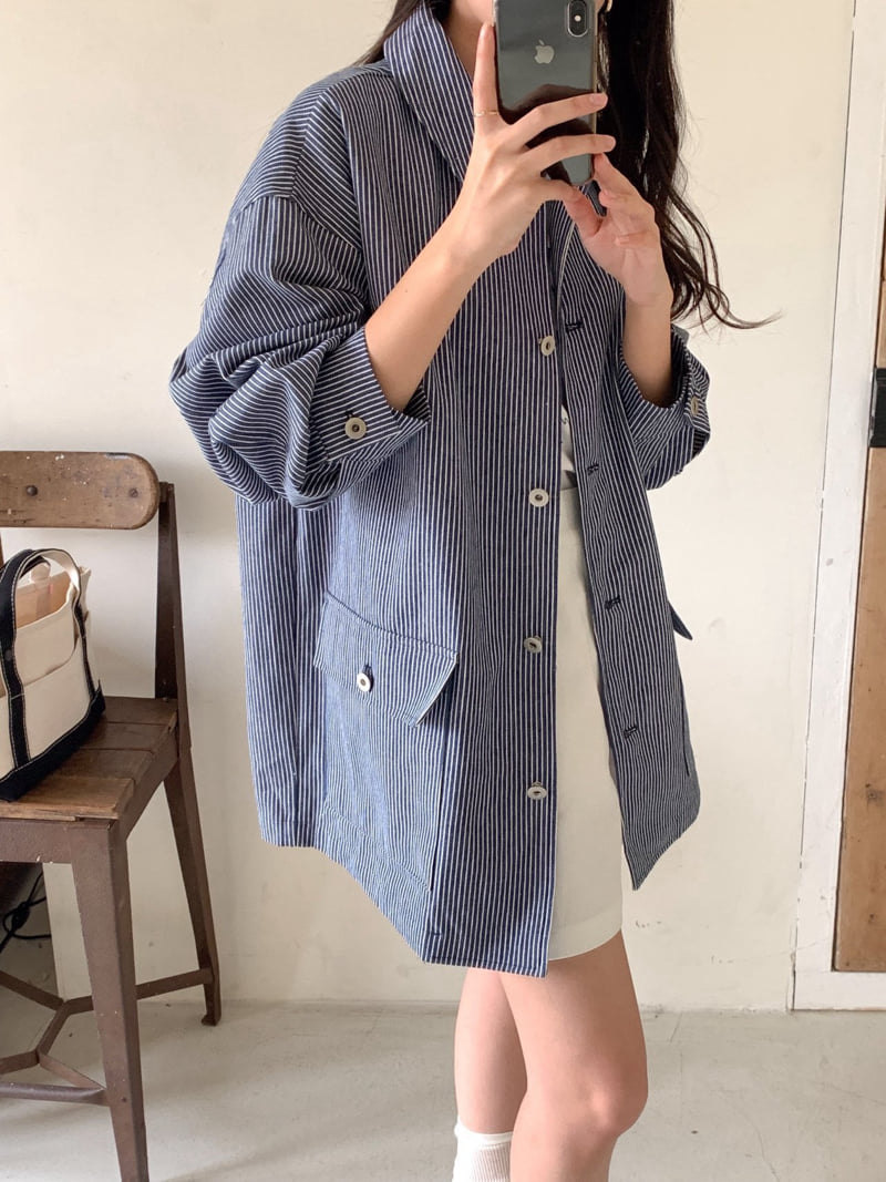 Osense - Korean Women Fashion - #womensfashion - Together Stripe Denim Work Jacket - 2