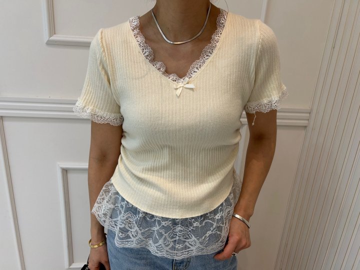 Pearls room - Korean Women Fashion - #momslook - Lace Shirring Knit - 11