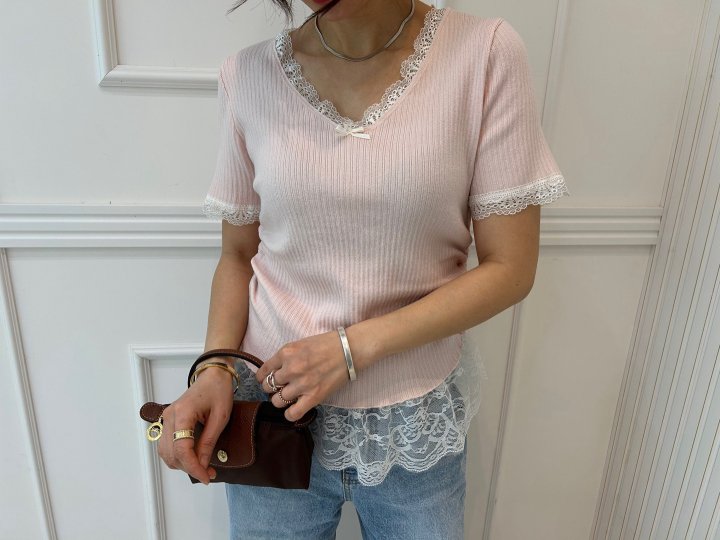 Pearls room - Korean Women Fashion - #momslook - Lace Shirring Knit - 3