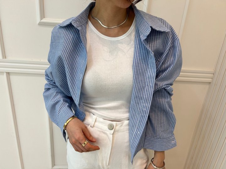 Pearls room - Korean Women Fashion - #momslook - Short Striped Shirt