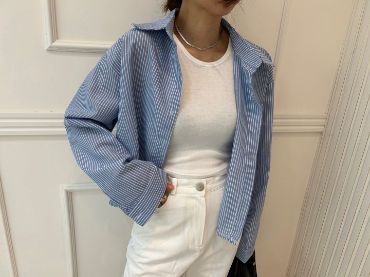 Pearls room - Korean Women Fashion - #momslook - Short Striped Shirt - 3