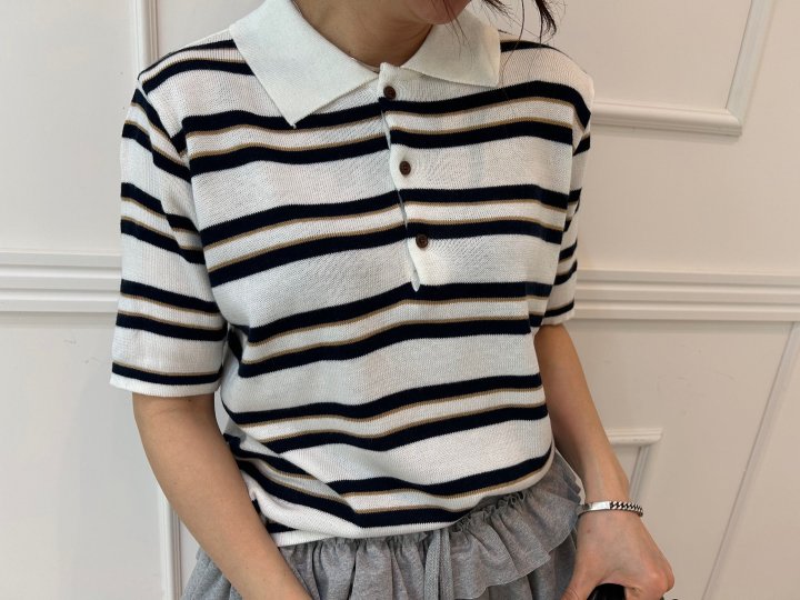 Pearls room - Korean Women Fashion - #momslook - Stripe Collar Tee